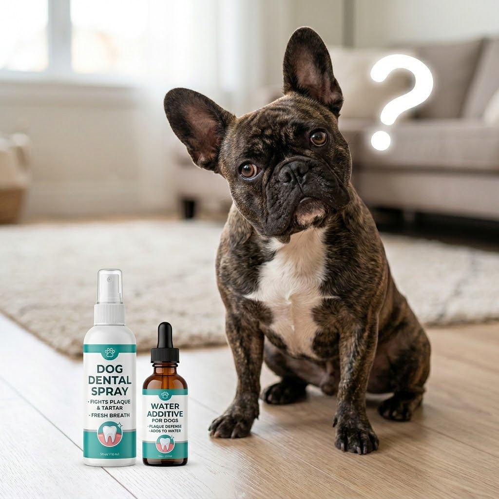 A confused brindle French Bulldog looking at bottles of dog dental spray and water additive designed to fight plaque and tartar.