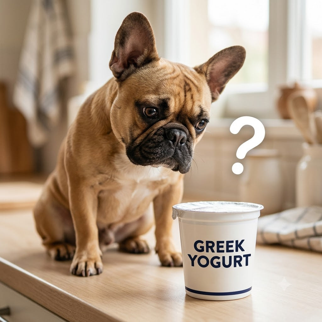 A confused fawn French Bulldog sits on a wooden kitchen counter, staring intently at a white plastic container.