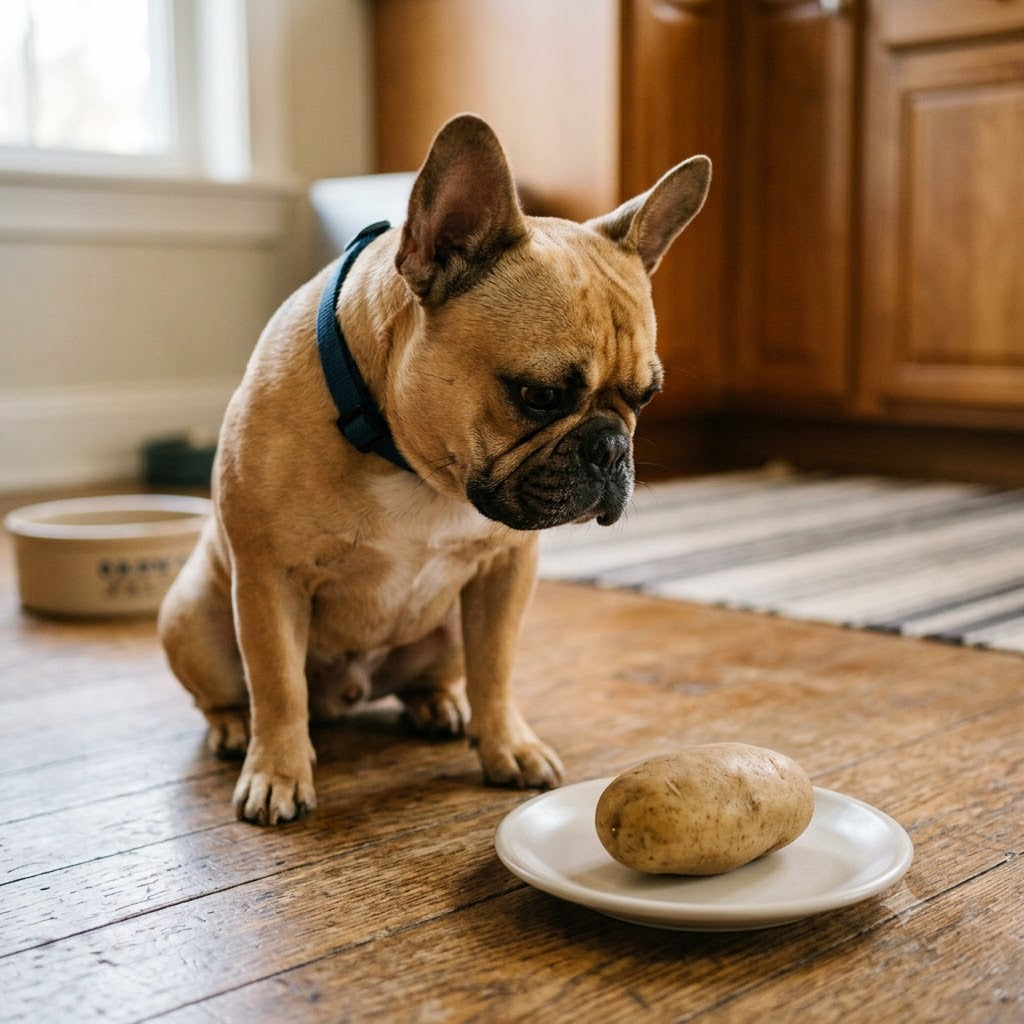 A fawn French Bulldog, sitting on a hardwood kitchen floor with a soft blur background, looks down with intense focus at a single raw potato