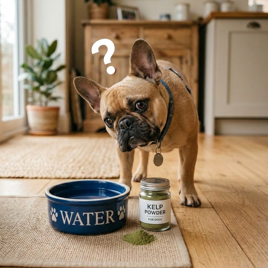 A tan French Bulldog with a confused expression and a floating question mark graphic near its head at a small jar labeled "KELP POWDER" and its blue "WATER" bowl on woven mats.