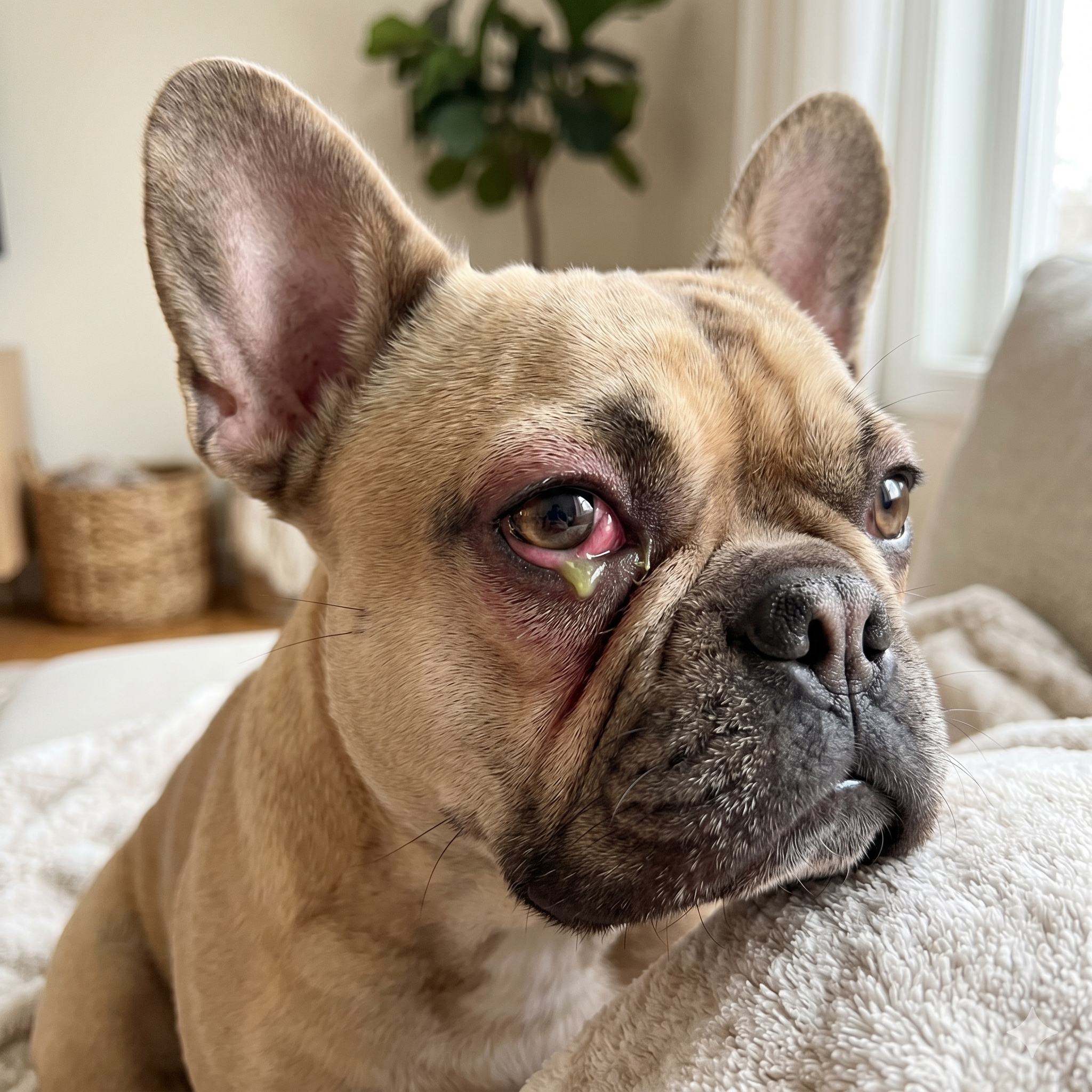 A close-up square photograph of a fawn French Bulldog with red, watery eyes and discharge, which are signs of a conjunctivitis flare-up.