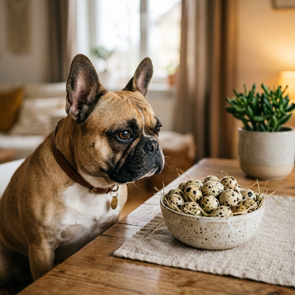 A French Bulldog sits at a wooden table in a living room, peering intently at a ceramic bowl filled with small, speckled quail eggs.