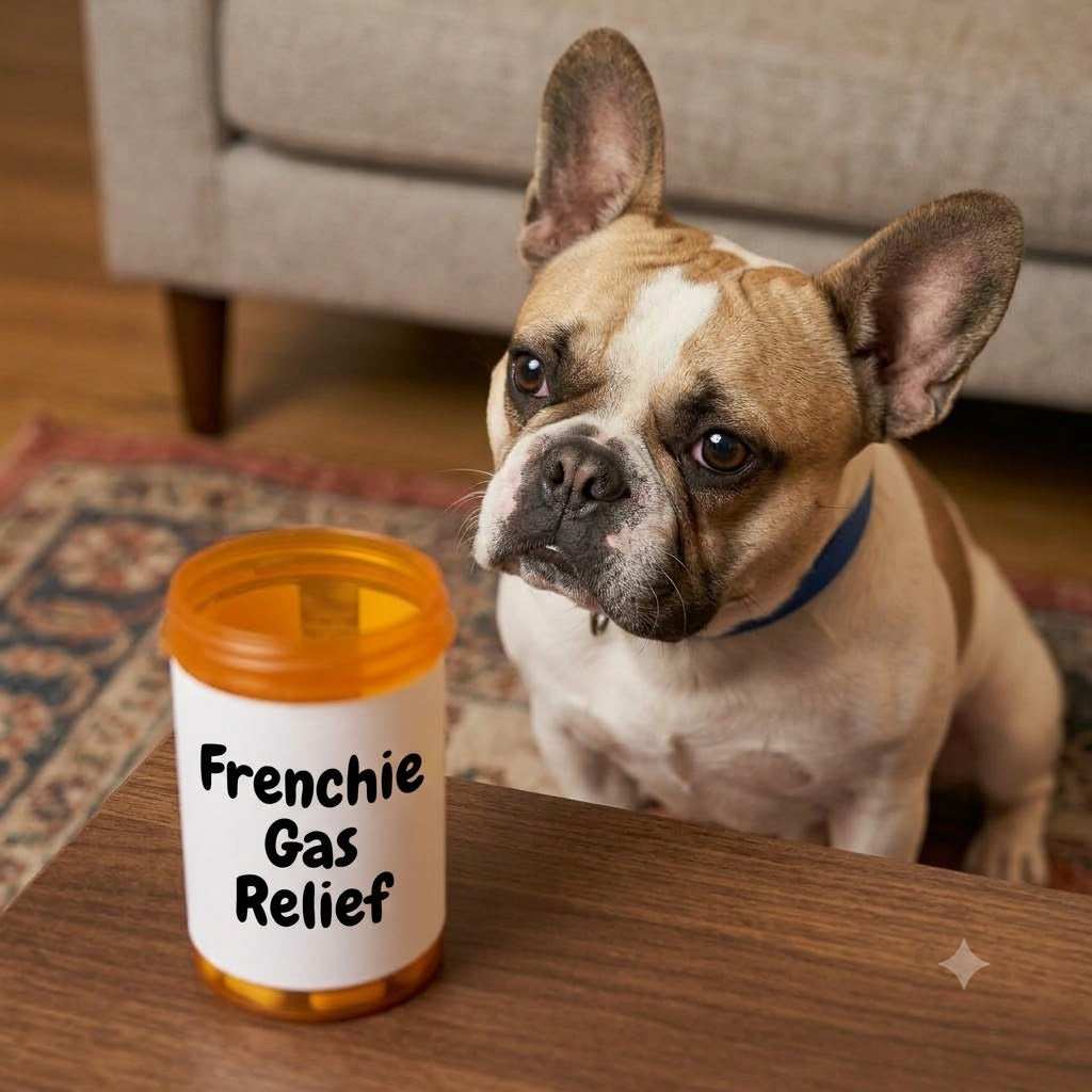 A tight 1:1 square photograph focuses on a fawn-and-white French Bulldog with its blue collar, seated and looking with a curious, wide-eyed expression directly at an amber plastic pill bottle.