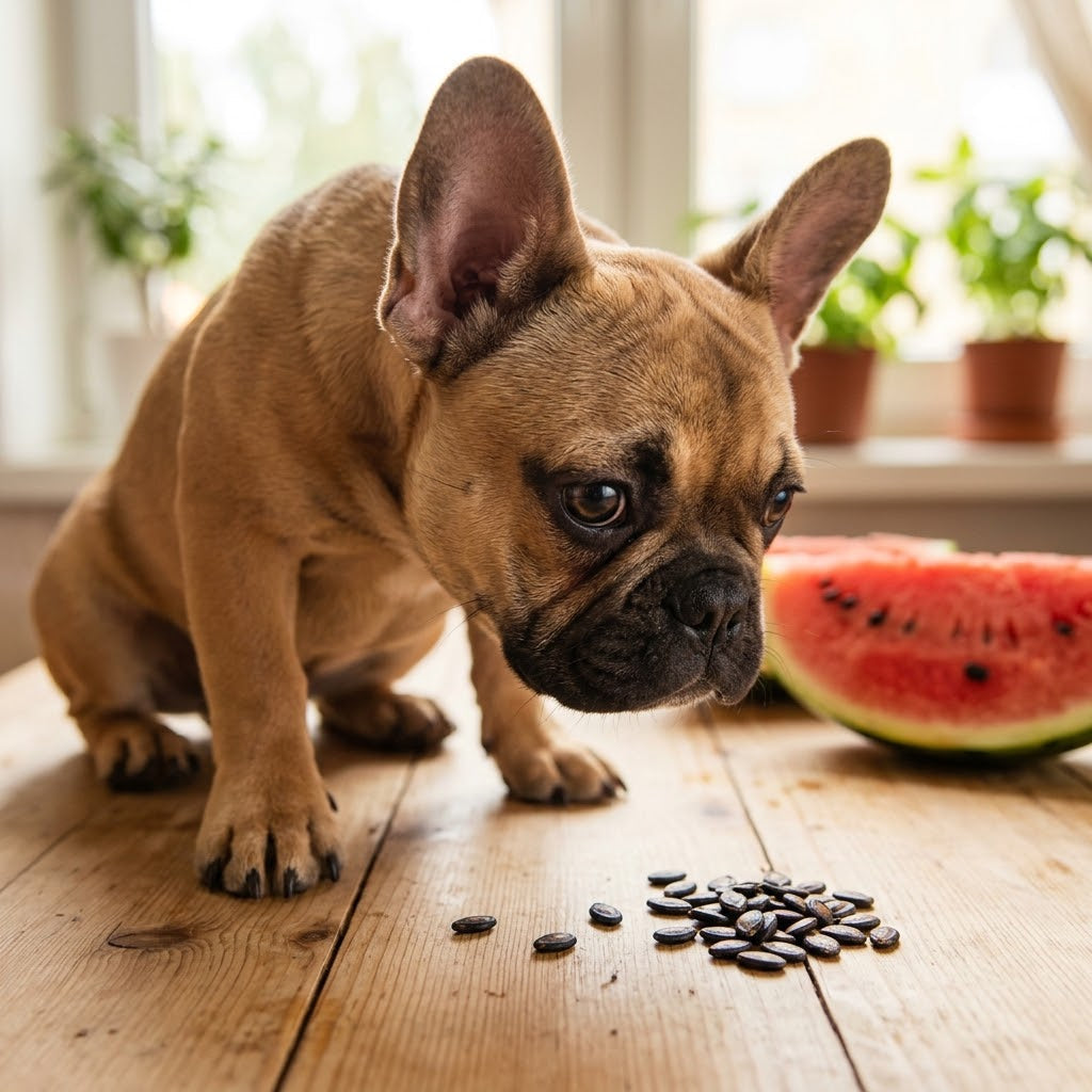 A close-up square photograph of a fawn-colored French Bulldog puppy with head tilted, looking with curiosity at a small cluster of dark watermelon seeds.