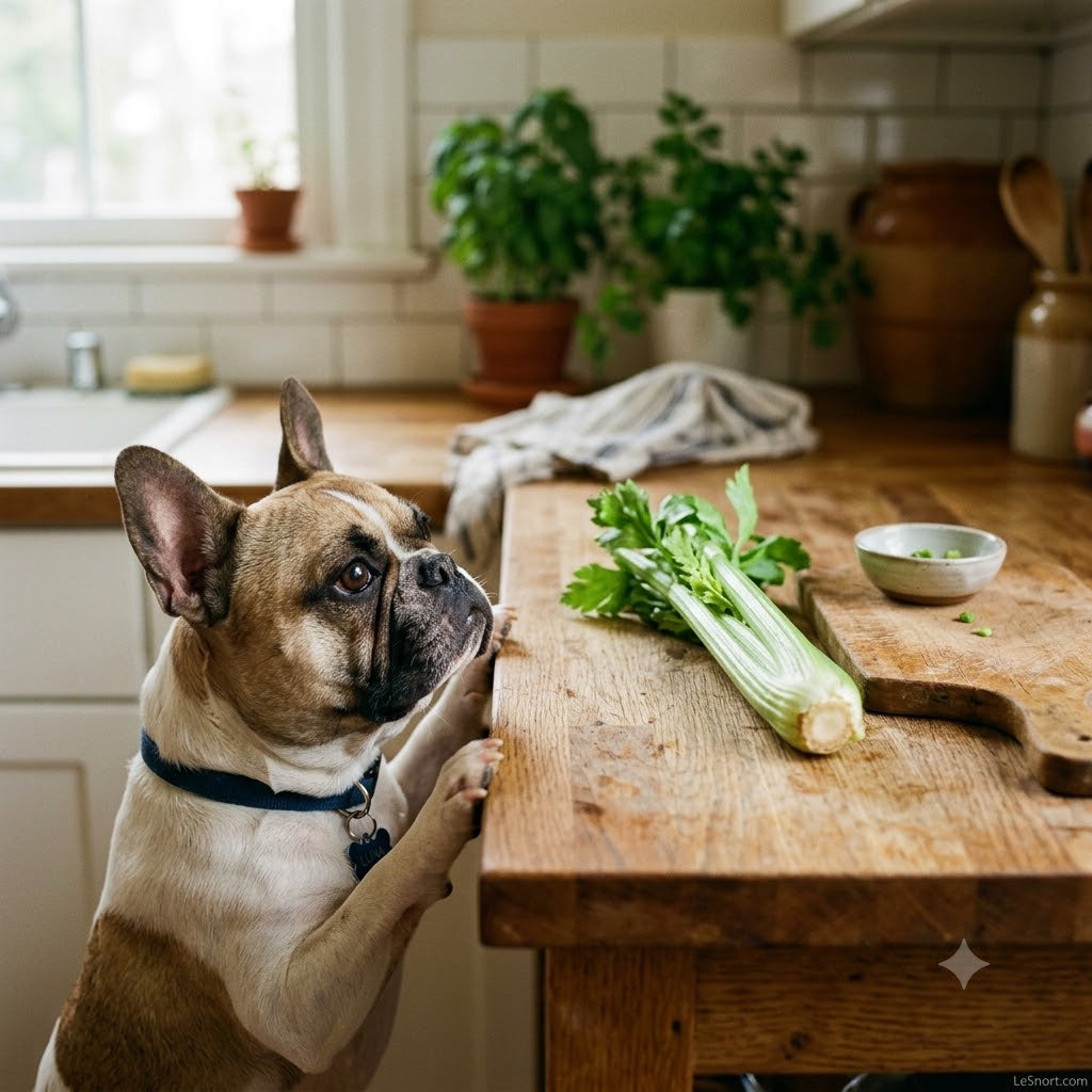 A square photograph capturing a fawn and white French Bulldog sitting on a kitchen floor, looking intently up with curious eyes at a fresh green stalk of celery.