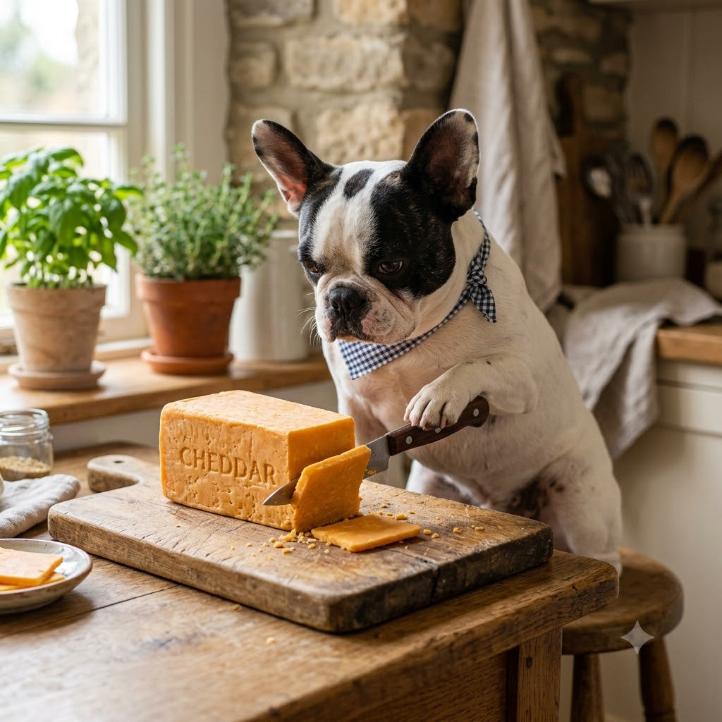 A black and white pied French Bulldog wearing a blue checkered bandana is sitting at a wooden kitchen table and using its paw to hold a knife and cut a slice of cheese.