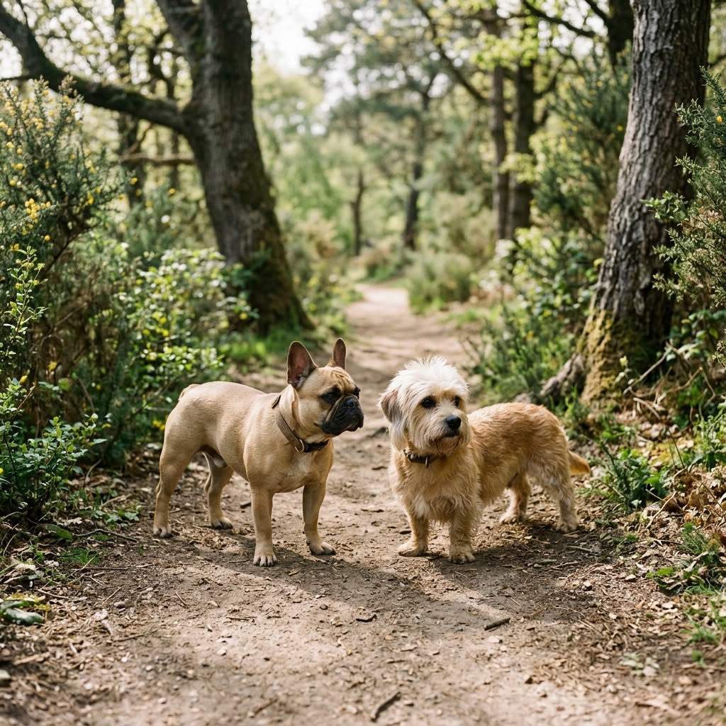 A full shot photograph of a fawn French Bulldog and a mustard-colored Dandie Dinmont Terrier standing together on a winding nature trail in a park.