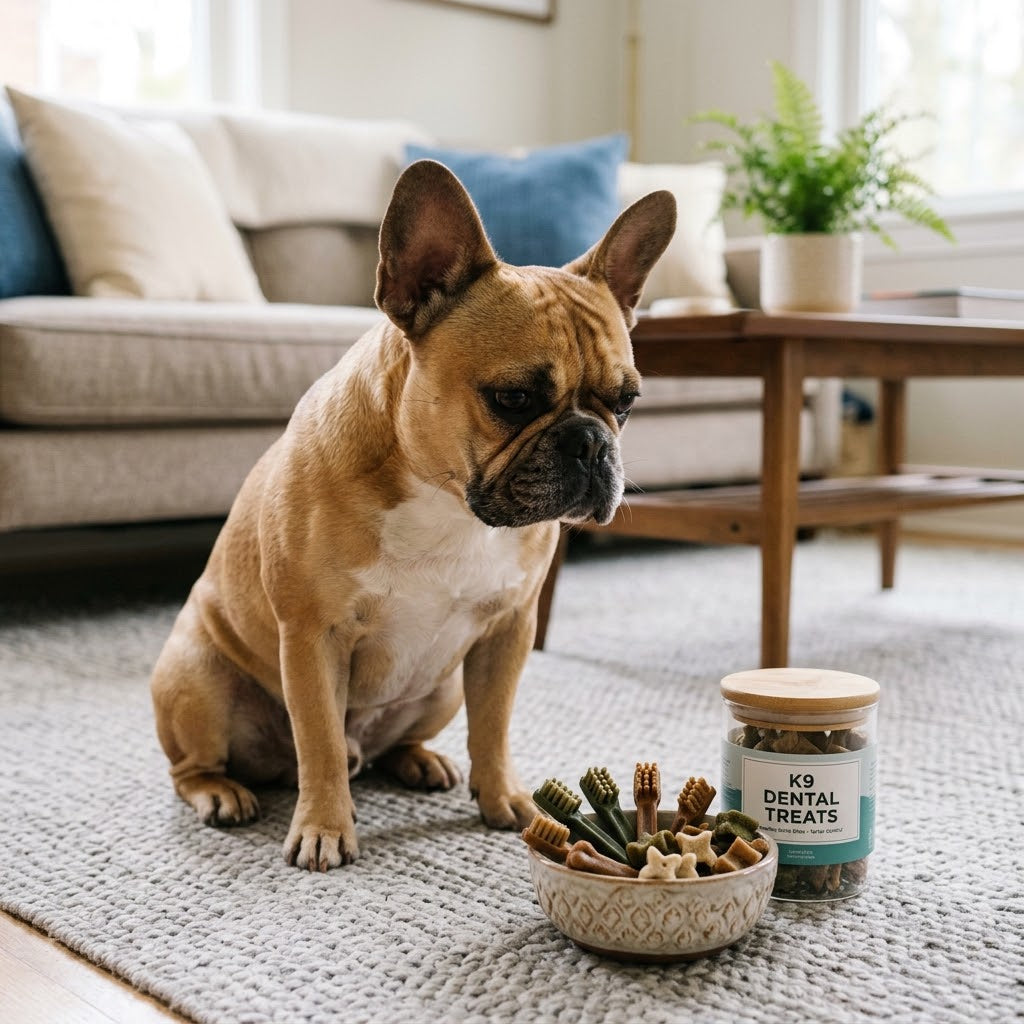 A fawn and white French Bulldog seated on a textured gray rug looks intently at a ceramic bowl filled with assorted dog dental treats,