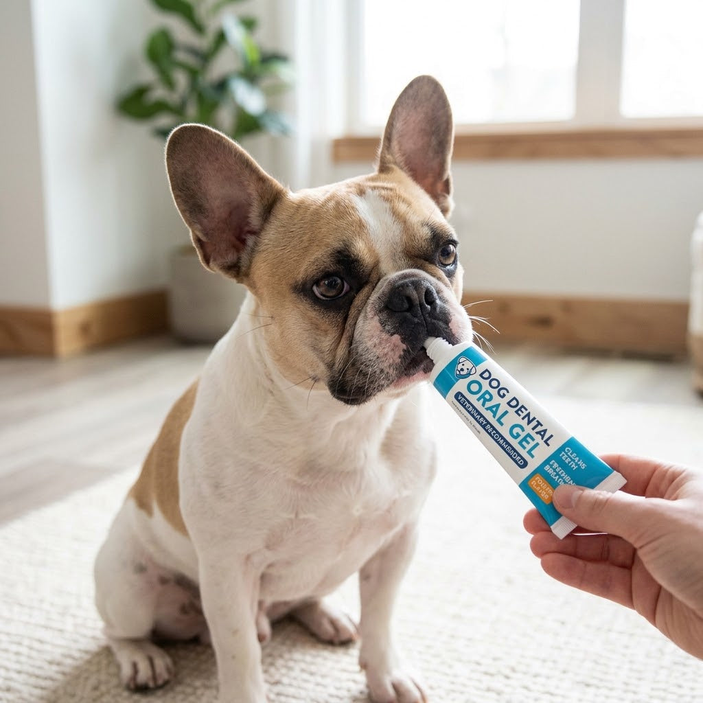 A cream and white French Bulldog sits on a textured rug, engaging with a tube of 'DOG DENTAL ORAL GEL' held by a human hand.