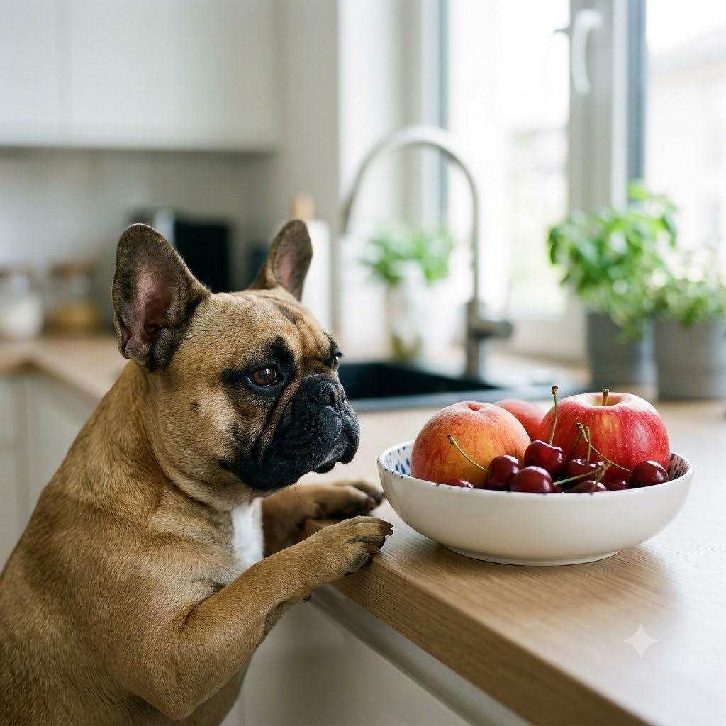 A close-up photograph of a fawn French Bulldog with its front paws resting on a light wood kitchen counter, gazing intently at a white bowl filled with peaches, red apples, and cherries.