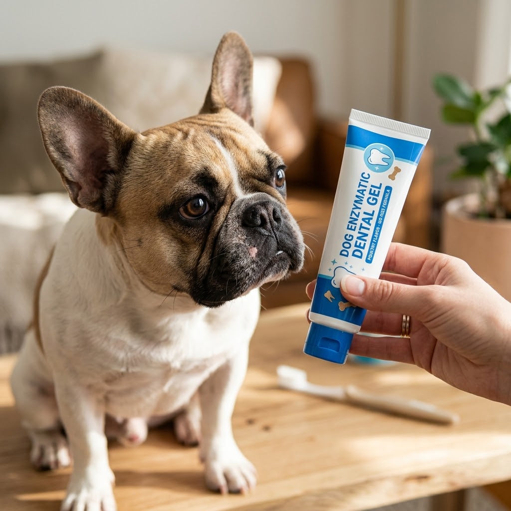 French Bulldog gazing intently at a white and blue tube of 'DOG ENZYMATIC DENTAL GEL' being held up by a human hand.