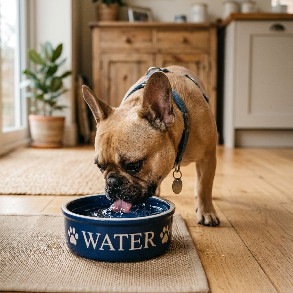 A fawn French Bulldog, wearing a denim harness, stands on a woven mat on a light wood floor, lapping water from a blue ceramic bowl.