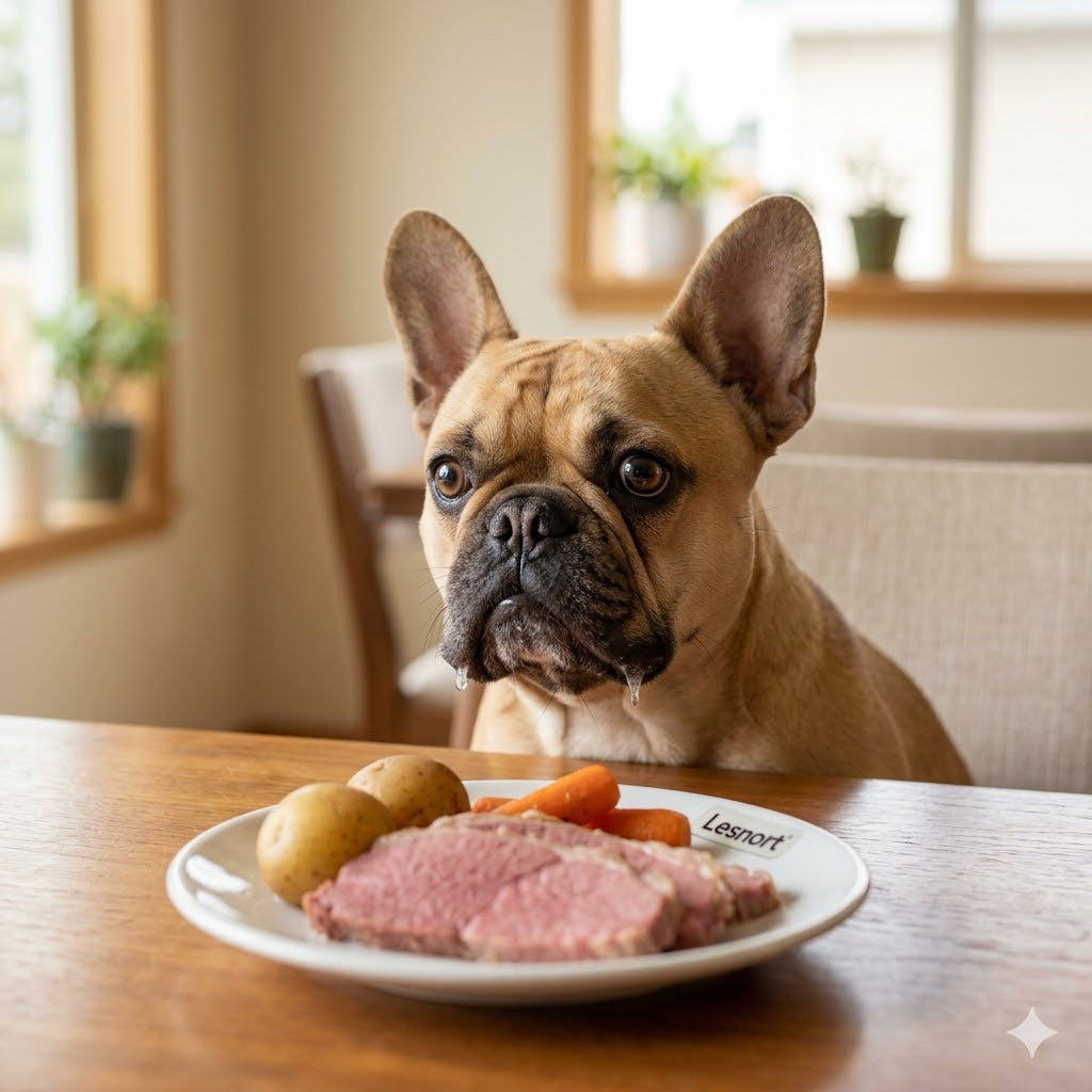 A fawn French Bulldog drooling while staring intently at a plate of sliced silverside beef, potatoes, and carrots served on a Lesnort branded plate.
