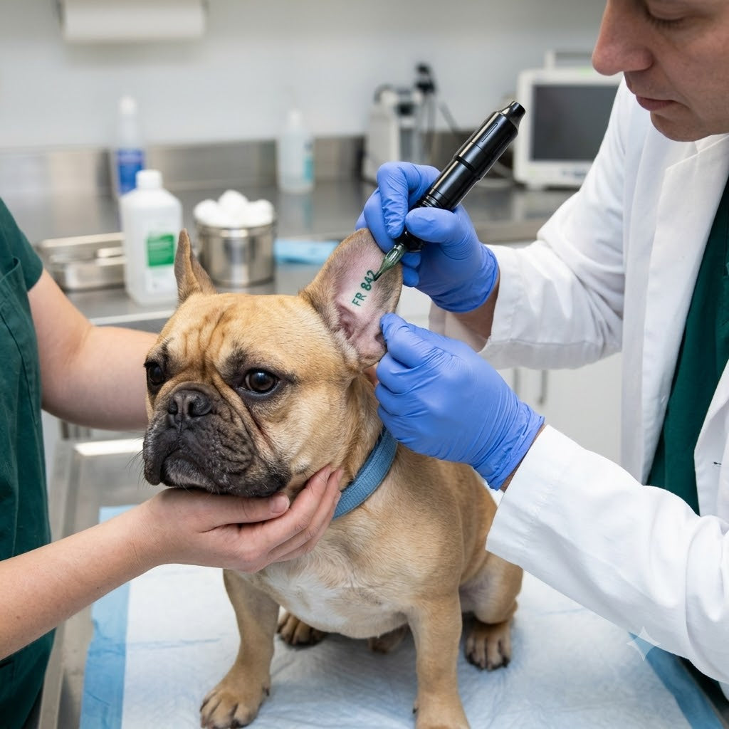 a veterinary technician in blue nitrile gloves using a small rotary tattoo machine to apply a green identification number to the inner ear flap of a fawn-colored French Bulldog.