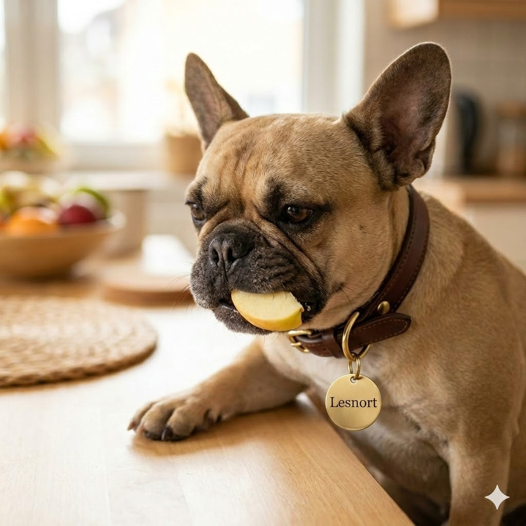 A delightful 1:1 close-up photograph captures a fawn-colored French Bulldog with distinct bat ears, its face slightly wrinkled with concentration as it actively chews a small, pale yellow slice of a gala apple.