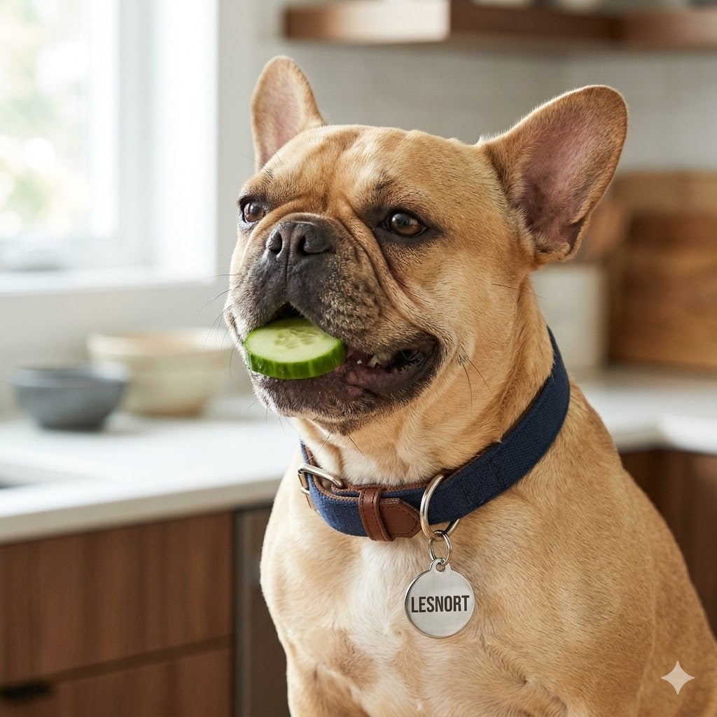 A square, close-up photograph of a fawn French Bulldog with a happy expression, actively taking a bite from a crisp slice of cucumber