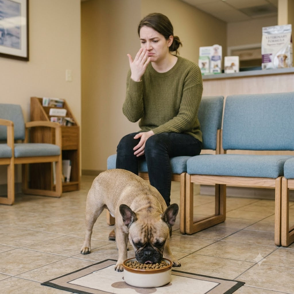 A 1:1 square photograph captures a fawn-colored French Bulldog with its head down, focused on eating dry food from a ceramic bowl in the foreground on a small mat.