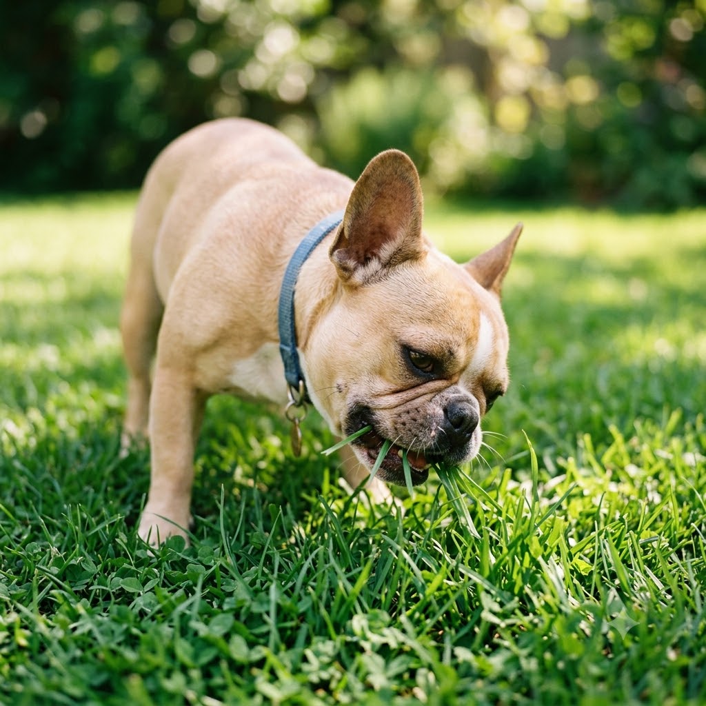 A close-up, square photograph capturing a small, fawn French Bulldog actively eating fresh green grass on a lush, sunlit lawn.