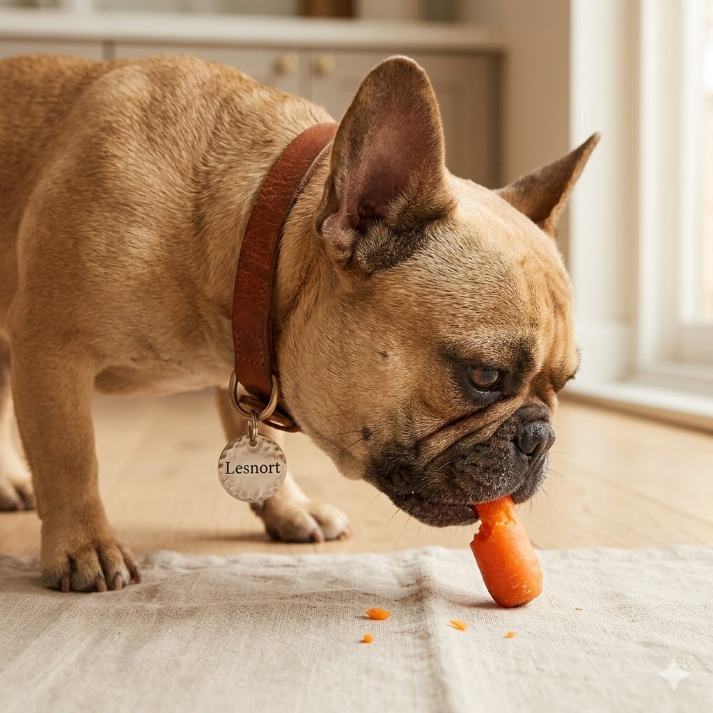 A French Bulldog is actively focused on eating a small, whole baby carrot, which it is in the act of chewing. It is wearing a dark brown leather collar with durable brass hardware.