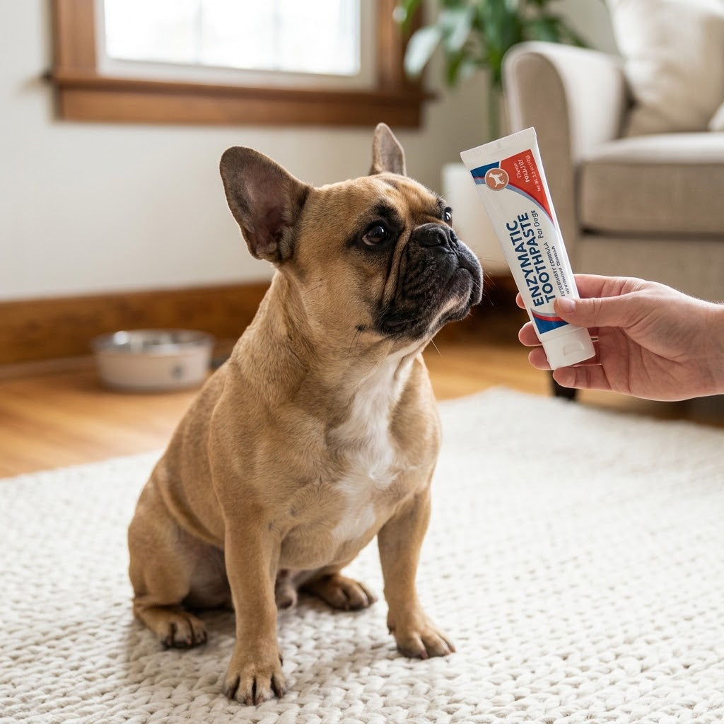 A brown French Bulldog sits on a rug and looks up at a tube of Enzymatic Toothpaste held by a human hand.