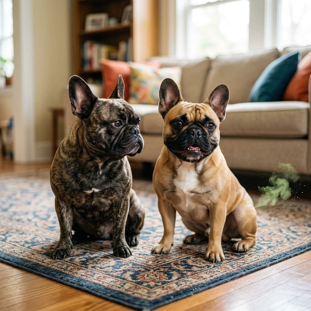 A humorous square photograph taken indoors, showing a fawn-colored French Bulldog on the right with a guilty and awkward expression.
