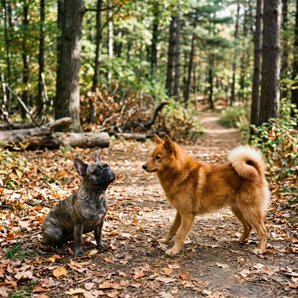 A brindle French Bulldog sitting on a dirt path covered in fallen autumn leaves, looking up attentively at a vibrant, golden-red Finnish Spitz.