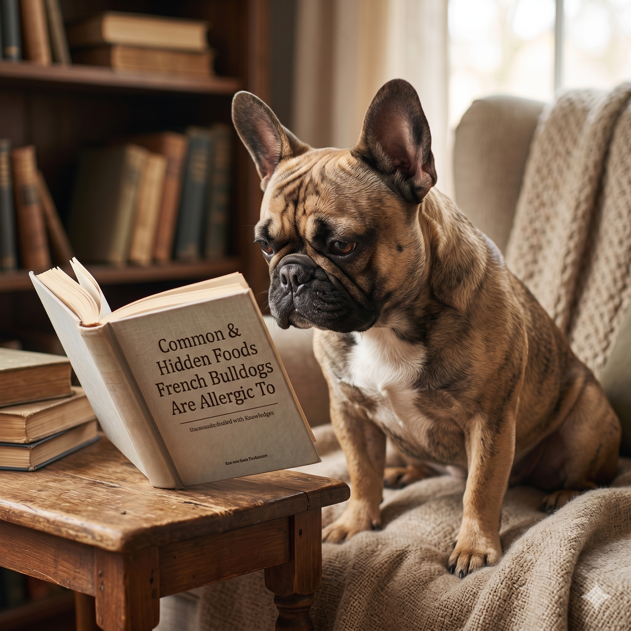 A fawn French Bulldog is looking intently at an open book titled 'Common & Hidden Foods French Bulldogs Are Allergic To' resting on a wooden table. A soft-focus stack of antique books is in the background.