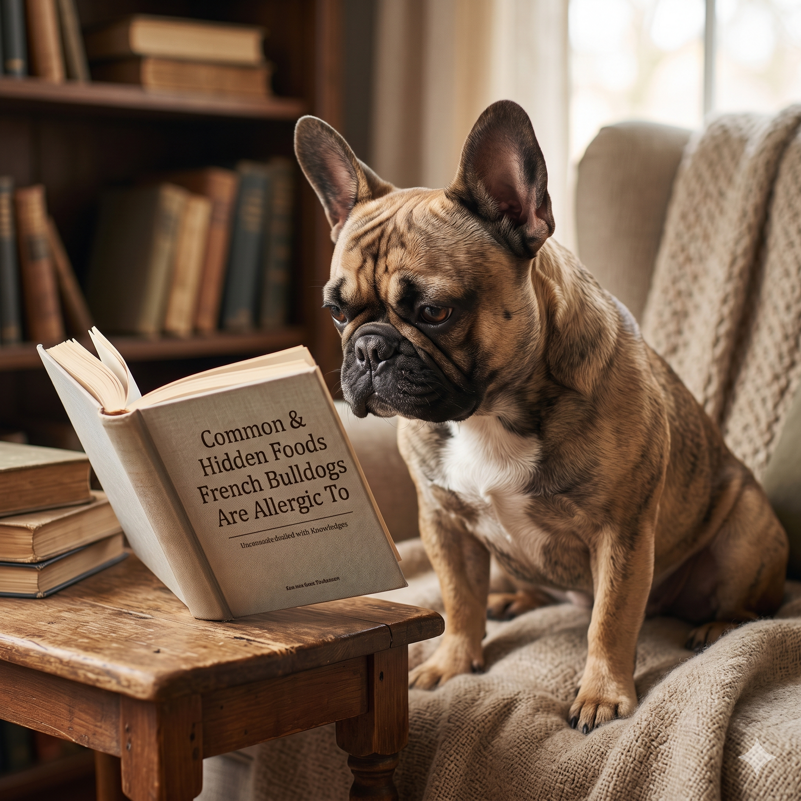 A fawn French Bulldog is looking intently at an open book titled 'Common & Hidden Foods French Bulldogs Are Allergic To' resting on a wooden table. A soft-focus stack of antique books is in the background.