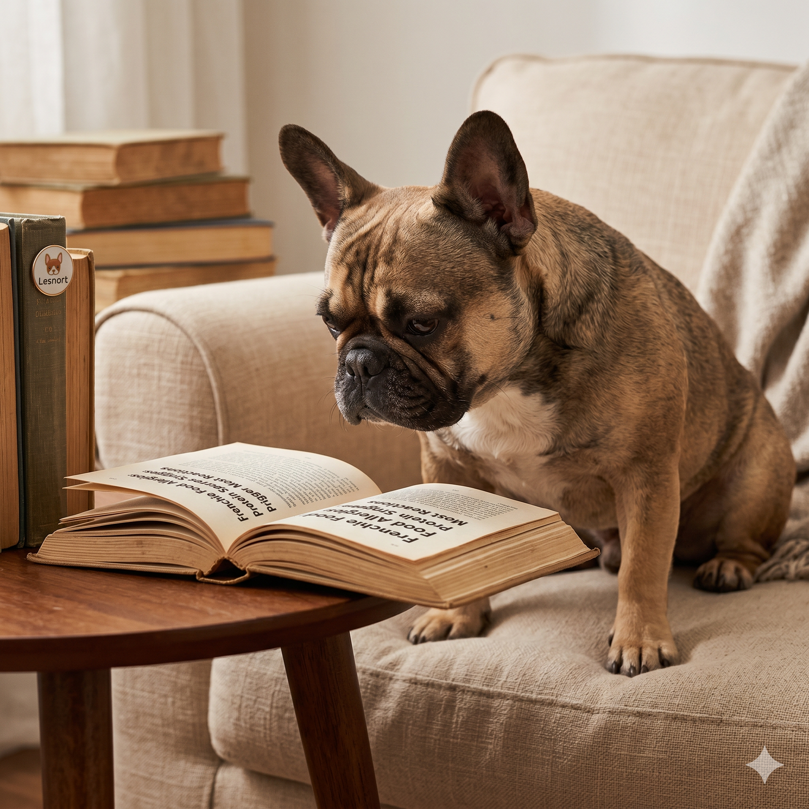 A curious French Bulldog with a curious expression looking down at an open book titled 'Frenchie Food Allergies: Protein Sources Trigger Most Reactions' on a wooden surface.