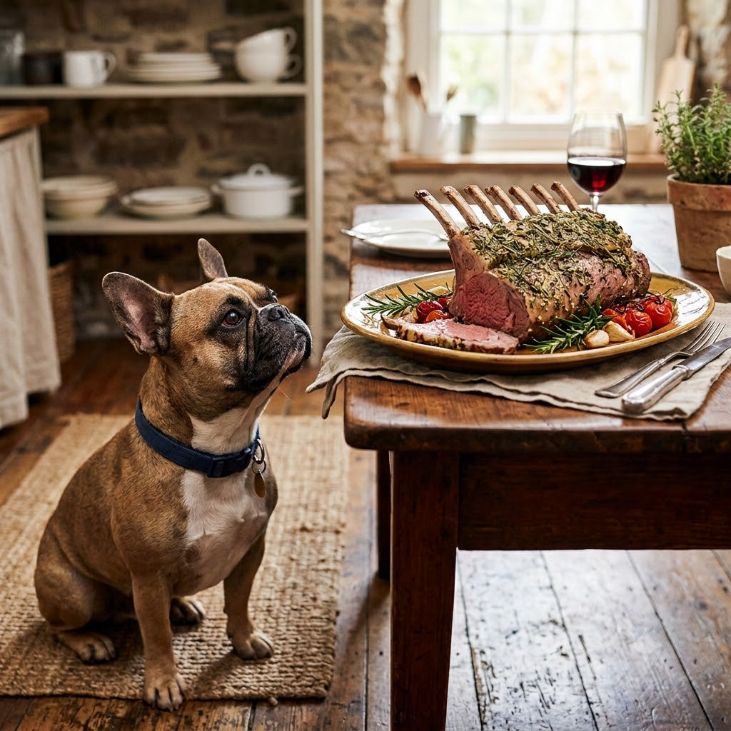 A fawn French Bulldog sits on a rug in a rustic kitchen, gazing intensely upward at a beautifully prepared, cooked rack of lamb resting on a wooden dining table.