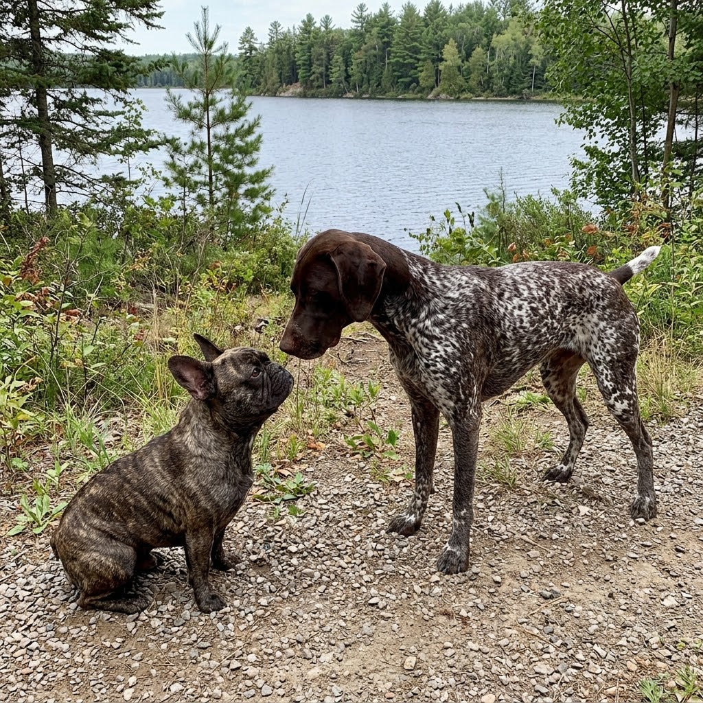 A brindle French Bulldog sitting on a gravel path, looking up curiously at an athletic German Shorthaired Pointer with a liver-colored head and spotted body standing and leaning forward.