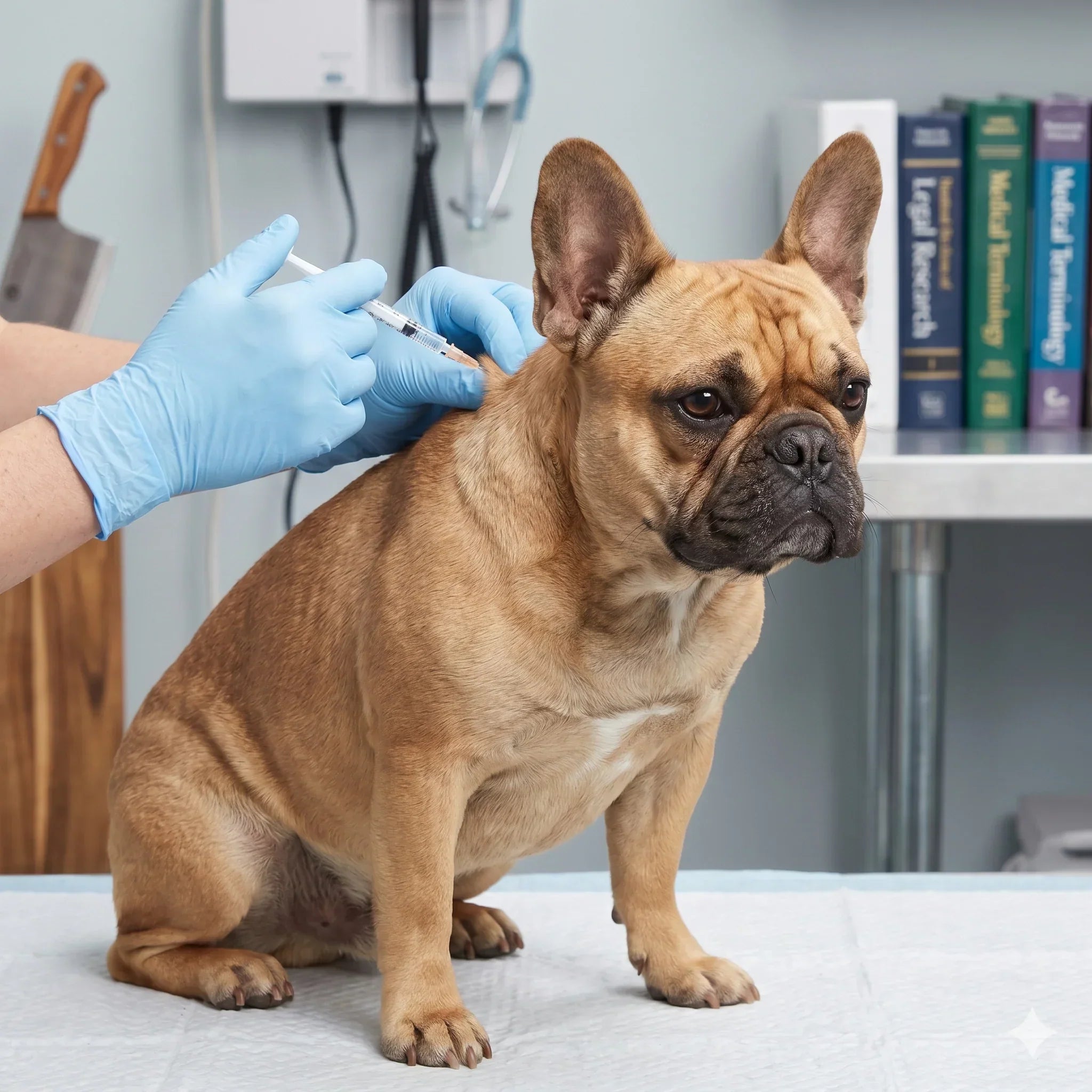 A fawn French Bulldog sitting calmly on an examination table at a veterinary clinic while a vet wearing blue gloves administers a vaccine injection.