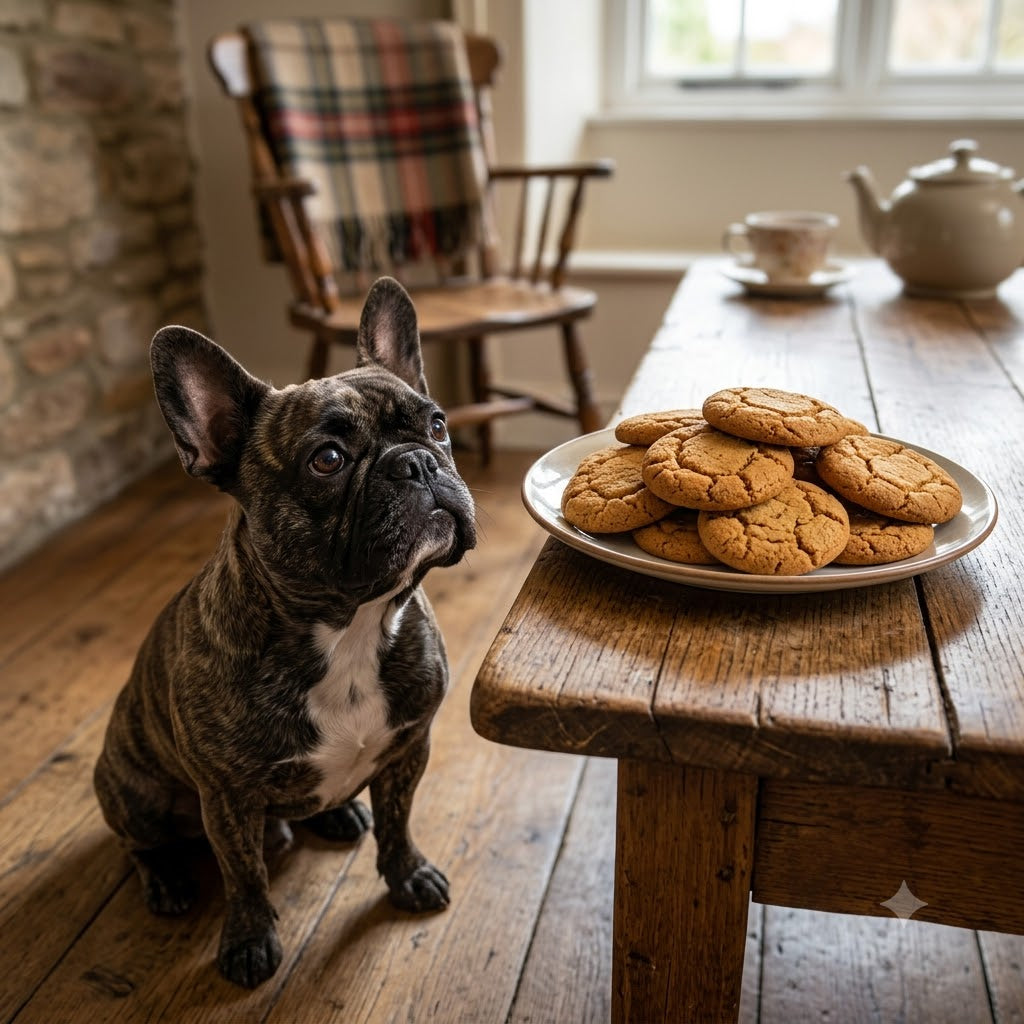 A brindle French Bulldog looking up longingly at a ceramic plate piled with generic golden-brown ginger biscuits on a rustic wooden table.