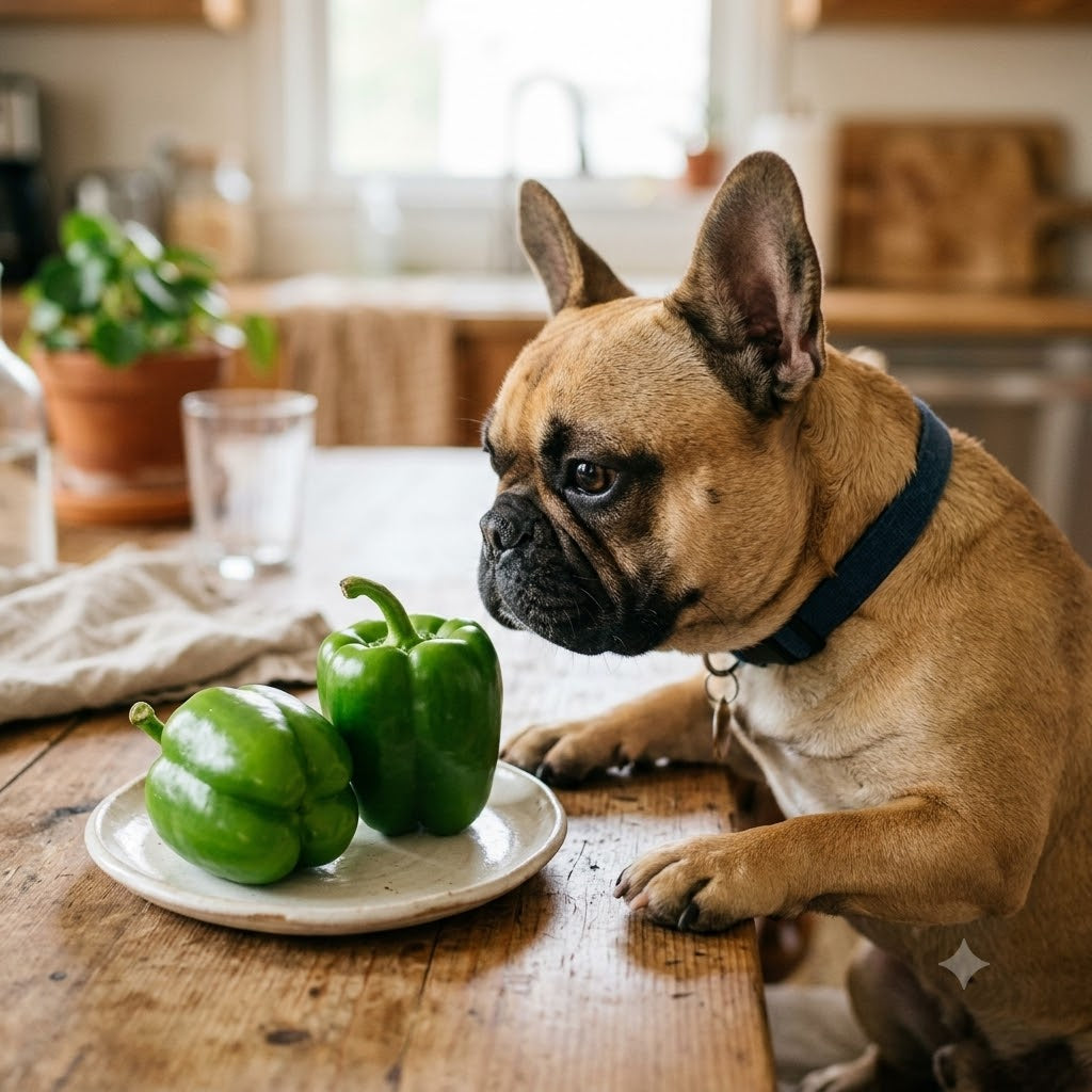 A close-up, natural light photograph of a curious fawn French Bulldog sitting at a wooden kitchen counter, looking intently at two vibrant green bell peppers resting on a small ceramic plate.