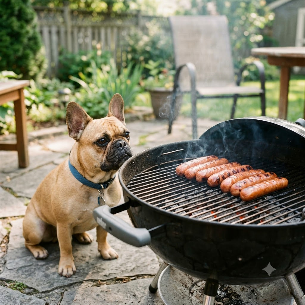 A candid 1:1 photo of a fawn French Bulldog sitting on a stone patio, intently watching sizzling hot dogs cooking on a smoky barbecue grill during a sunny backyard BBQ.