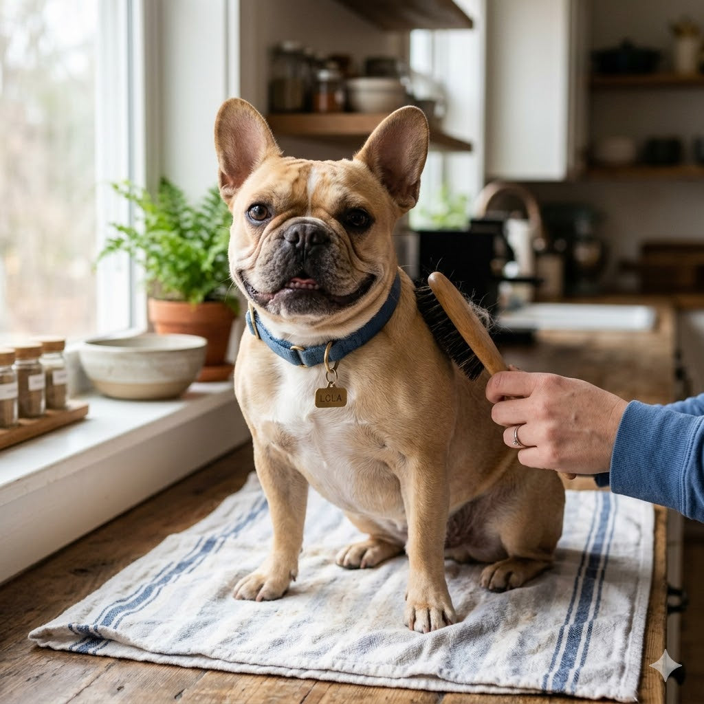 A fawn and white French Bulldog sits on a striped towel on a wooden counter, looking at the camera with a relaxed expression while a person uses a wooden-handled bristle brush to groom its coat.