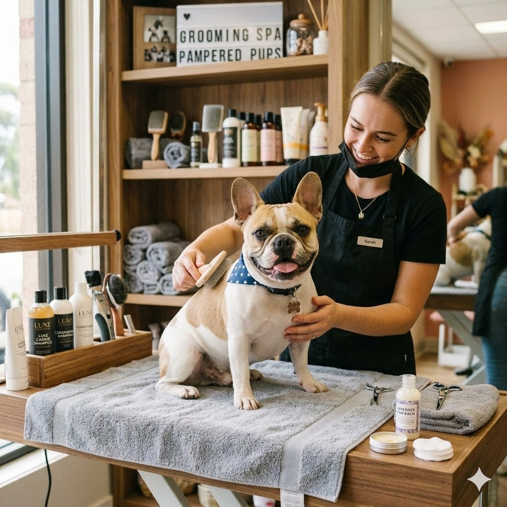 A fawn and white French Bulldog with a blue patterned bandana sits patiently on a grey towel-covered wooden grooming table.