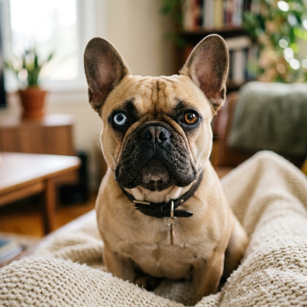 A close-up portrait of a fawn French Bulldog sitting indoors, looking directly at the camera. The dog has heterochromia, with one vibrant blue eye and one dark brown eye.
