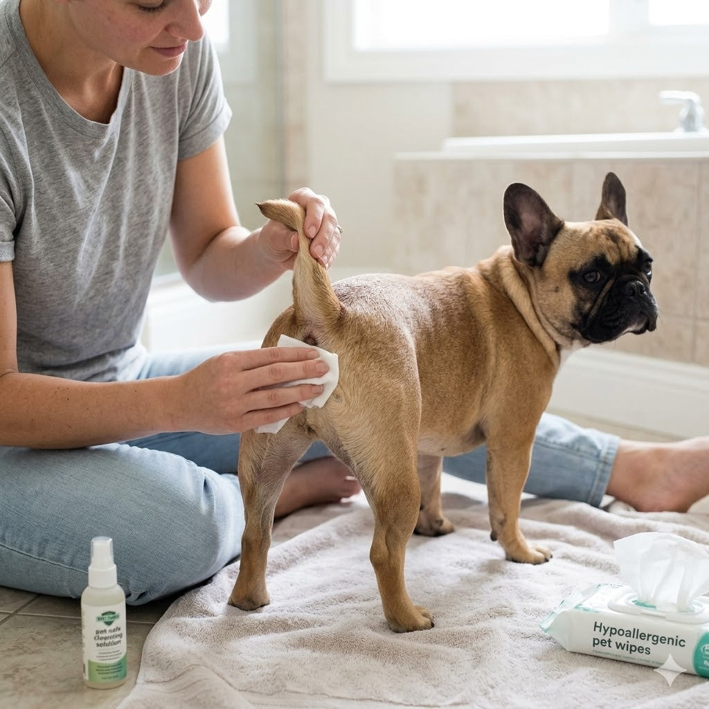 A woman, wearing a grey t-shirt and jeans, sits on a grey towel in a modern bathroom and uses a white hypoallergenic pet wipe to clean the rear area of a fawn French Bulldog.