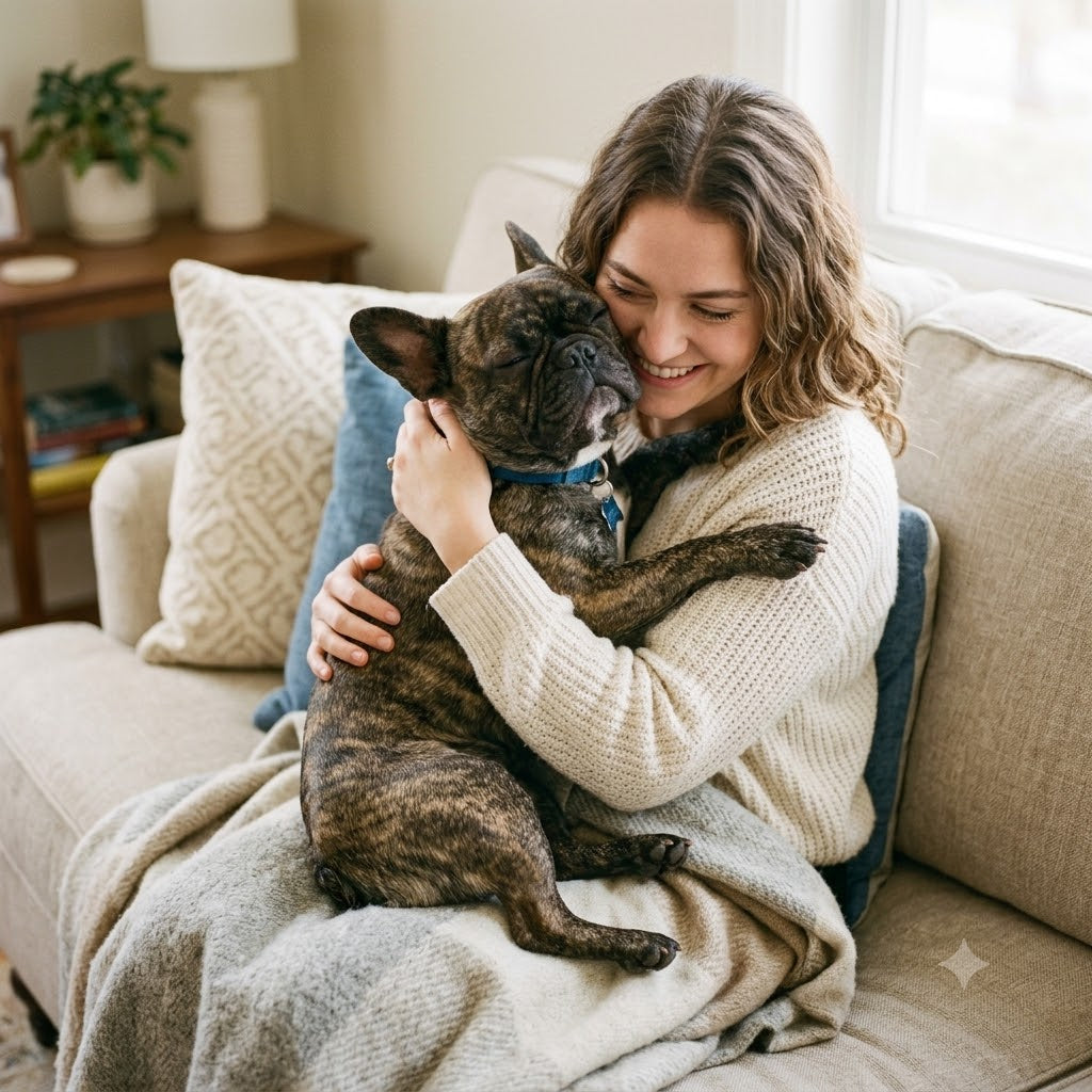 A heartwarming photograph capturing a smiling young woman with curly brown hair sitting comfortably on a beige sofa, sharing a tight embrace with her brindle French Bulldog.