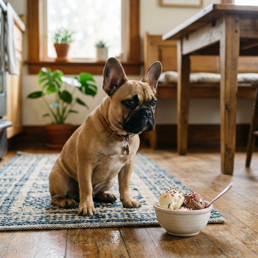A fawn French Bulldog sitting on a blue patterned rug on a wooden floor, looking attentively at a white bowl containing scoops of ice cream with sprinkles and a spoon.
