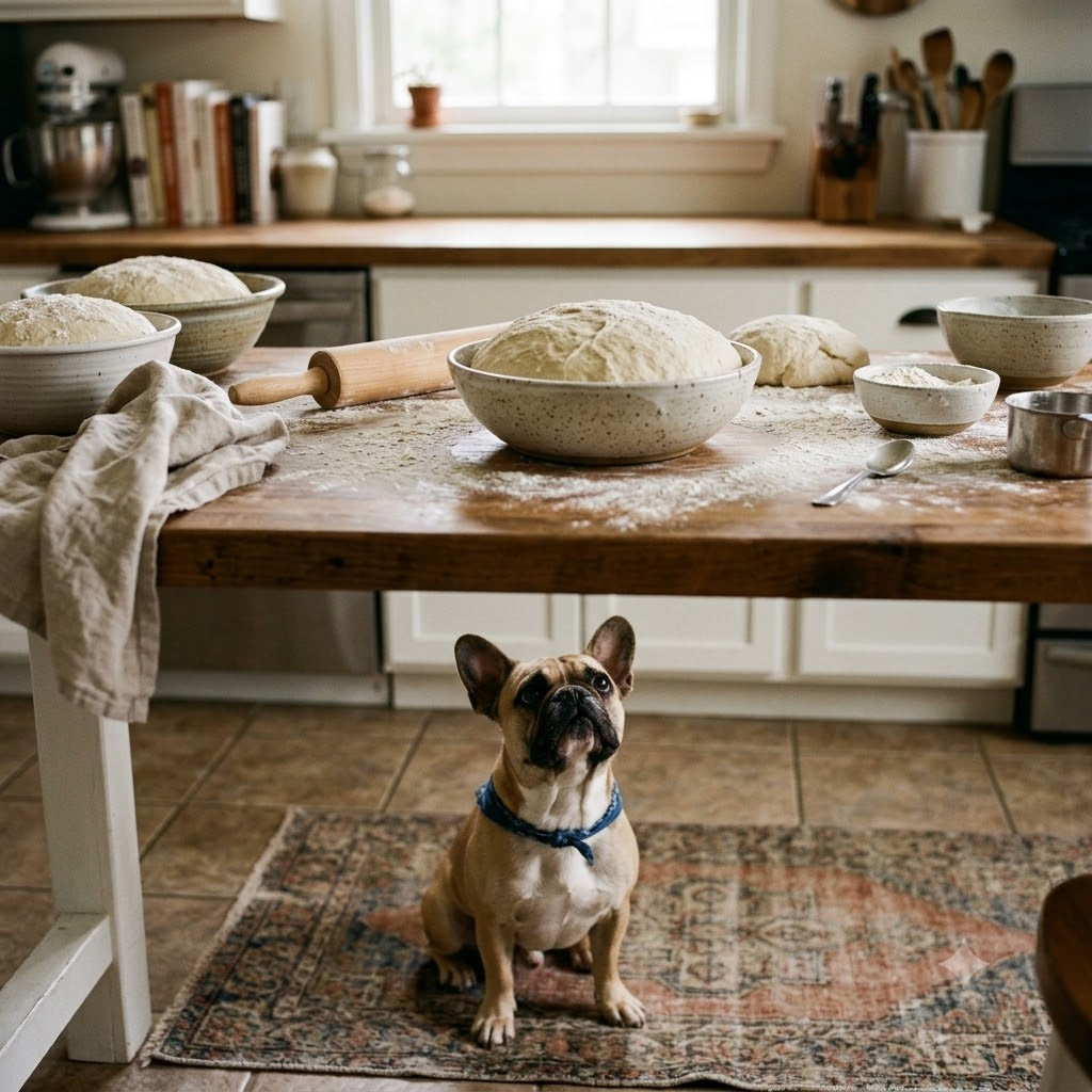A natural light photograph of a fawn French Bulldog wearing a blue bandana, sitting patiently on a vintage-style patterned rug beneath a large wooden kitchen island.
