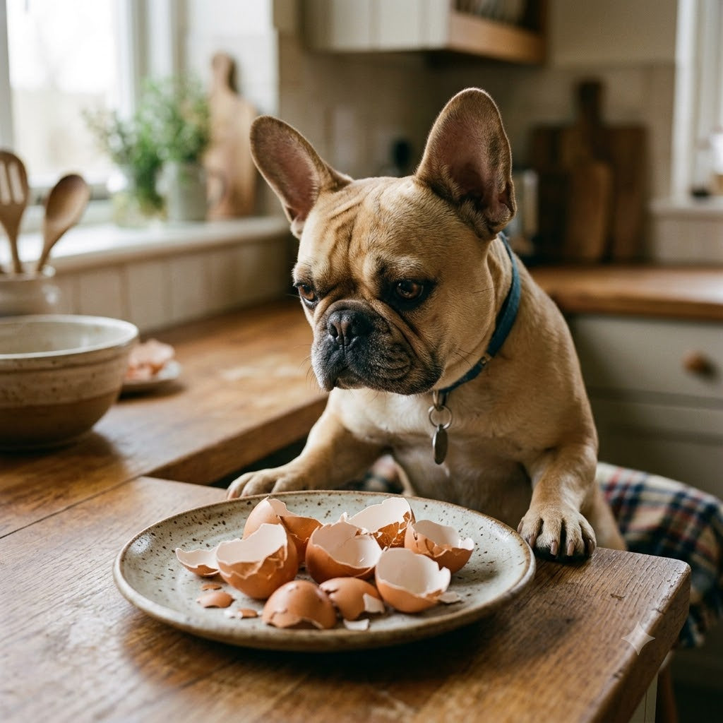 A curious fawn-colored French Bulldog looking down intently at a plate filled with brown eggshells on a rustic wooden kitchen counter.