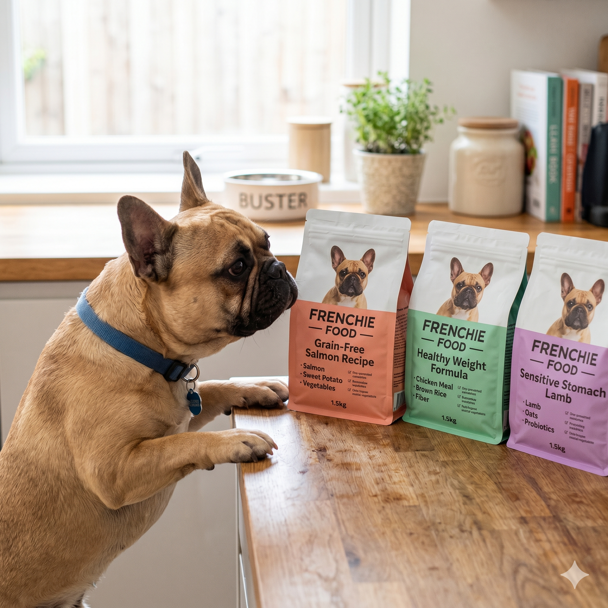 A curious fawn French Bulldog stands on its hind legs at a wooden kitchen counter, leaning in to inspect three colorful bags of dog food labeled 'FRENCHIE FOOD'.