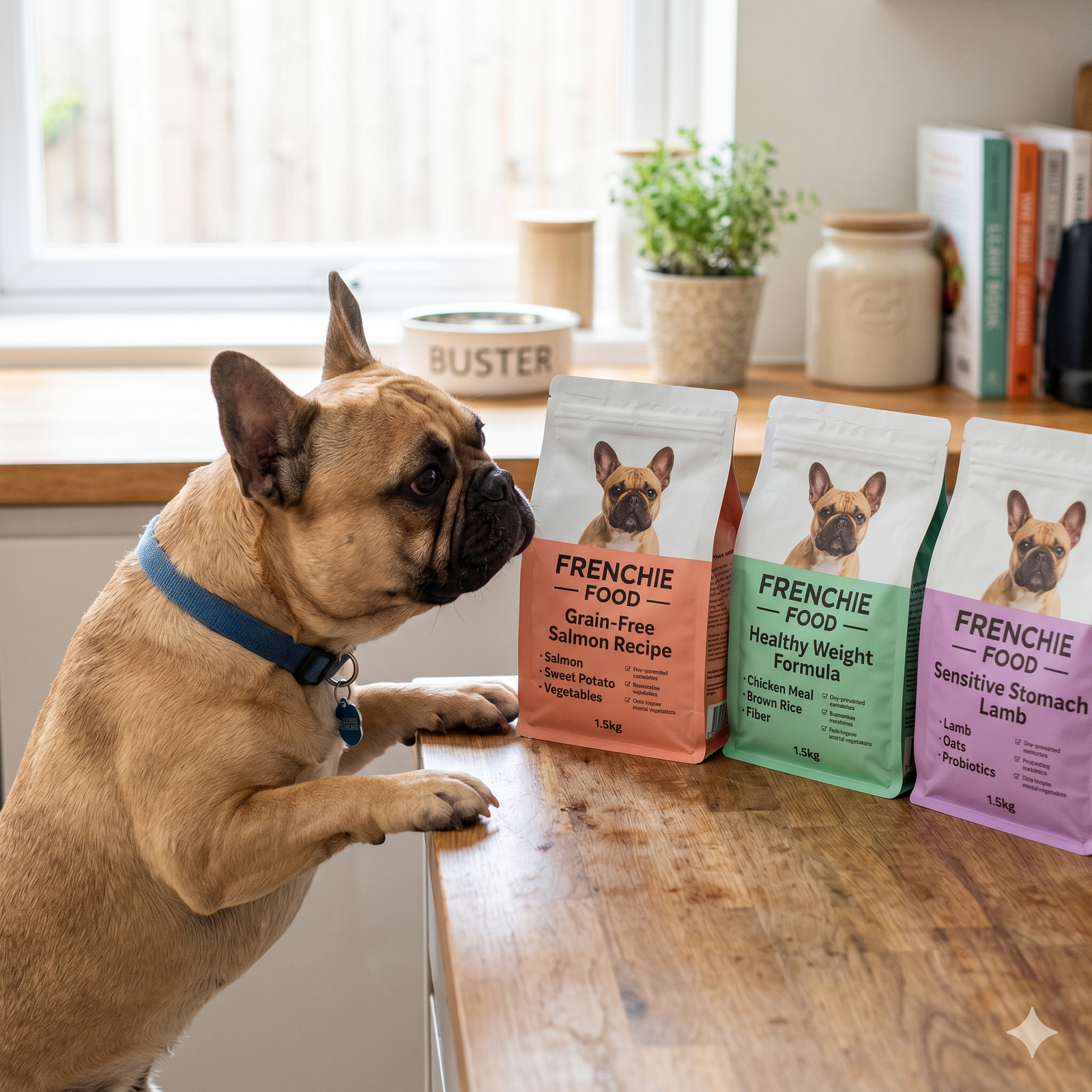 A curious fawn French Bulldog stands on its hind legs at a wooden kitchen counter, leaning in to inspect three colorful bags of dog food labeled 'FRENCHIE FOOD'.