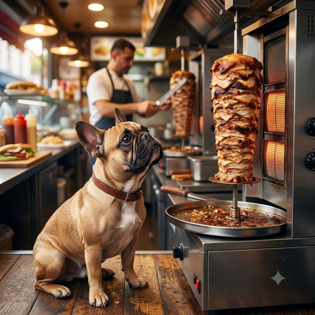 A fawn-colored French Bulldog is sitting on a wooden counter in a kebab shop, looking up with intense focus at a large vertical rotisserie spit loaded with stacked, browned doner kebab meat.