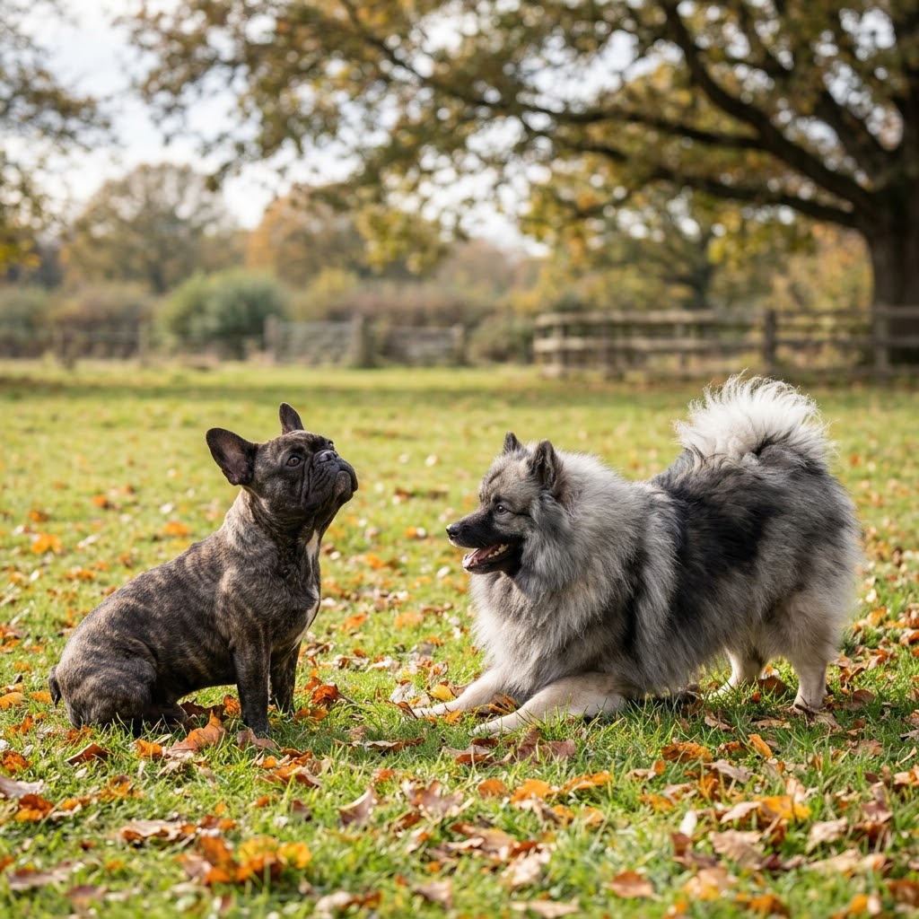 A brindle French Bulldog and a fluffy silver-gray Keeshond playing together in a grassy, autumn-themed outdoor meadow covered with fallen leaves.
