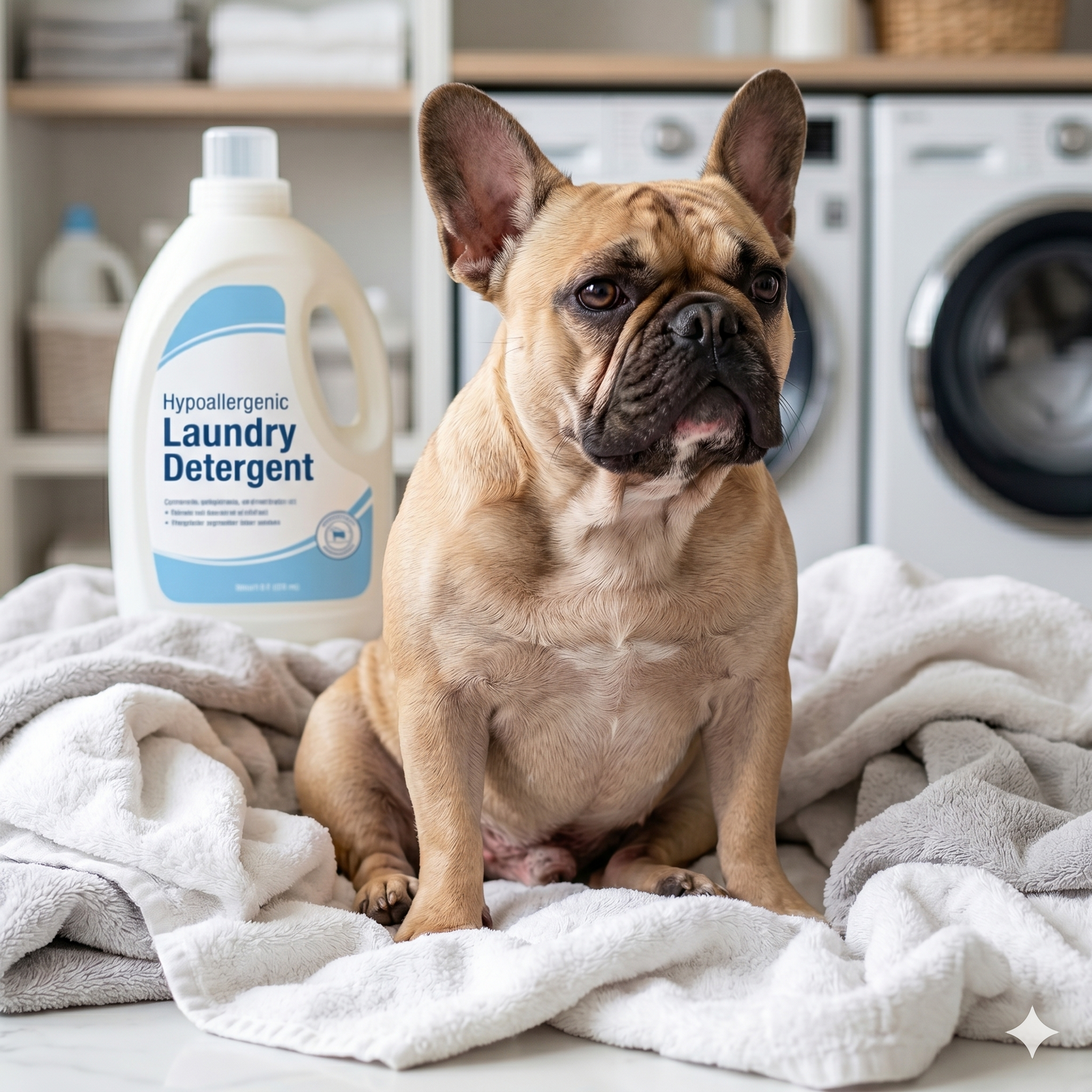 A fawn French Bulldog sitting on a pile of clean, soft towels next to a large bottle of hypoallergenic laundry detergent in a laundry room.
