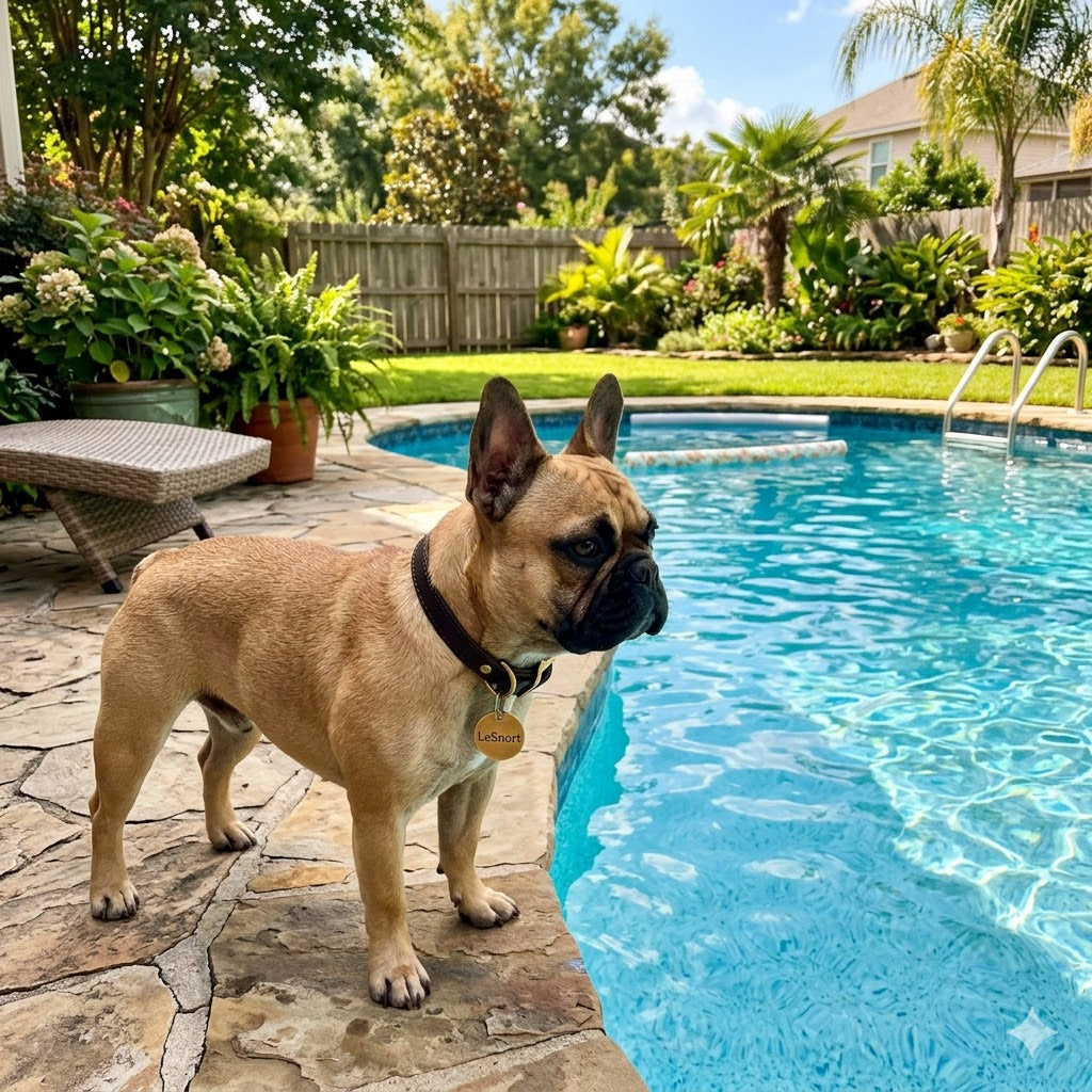 A detailed photograph of a fawn French Bulldog standing on flagstone paving by the edge of a clean, blue swimming pool. The dog is wearing a dark leather collar with a circular gold tag