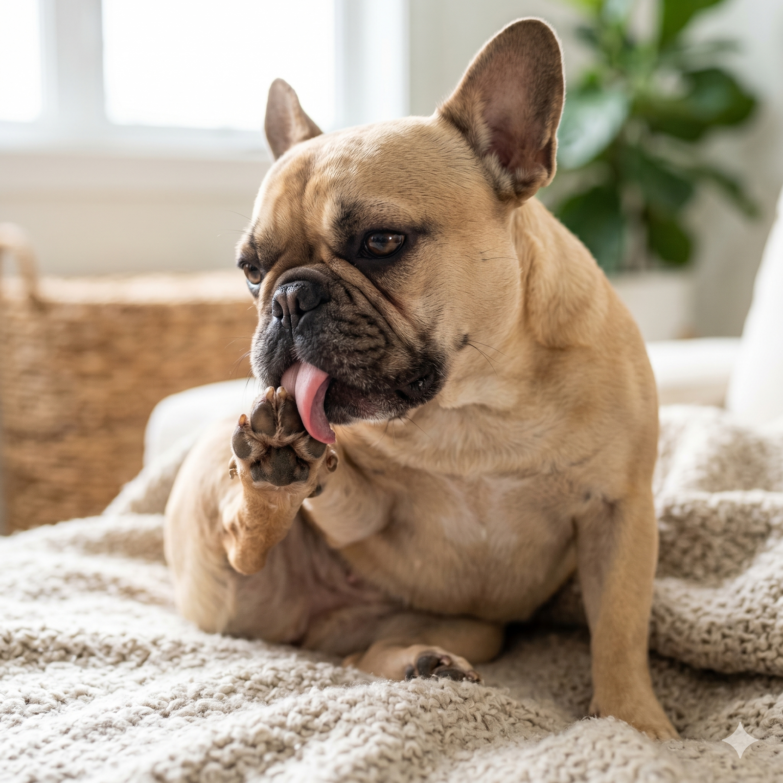 A close-up square photograph of a fawn French Bulldog seated on a textured, sunlit wool blanket. The dog is bringing her front right paw towards her mouth and is actively licking it with her tongue extended.
